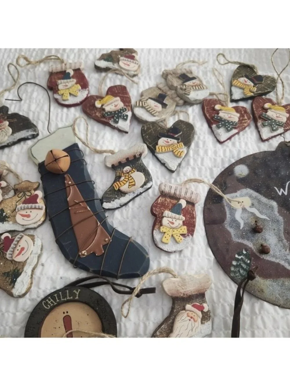 Vintage Rustic Christmas‎ Ornament Lot Primitive Folk Art Snowman Santa 30pc